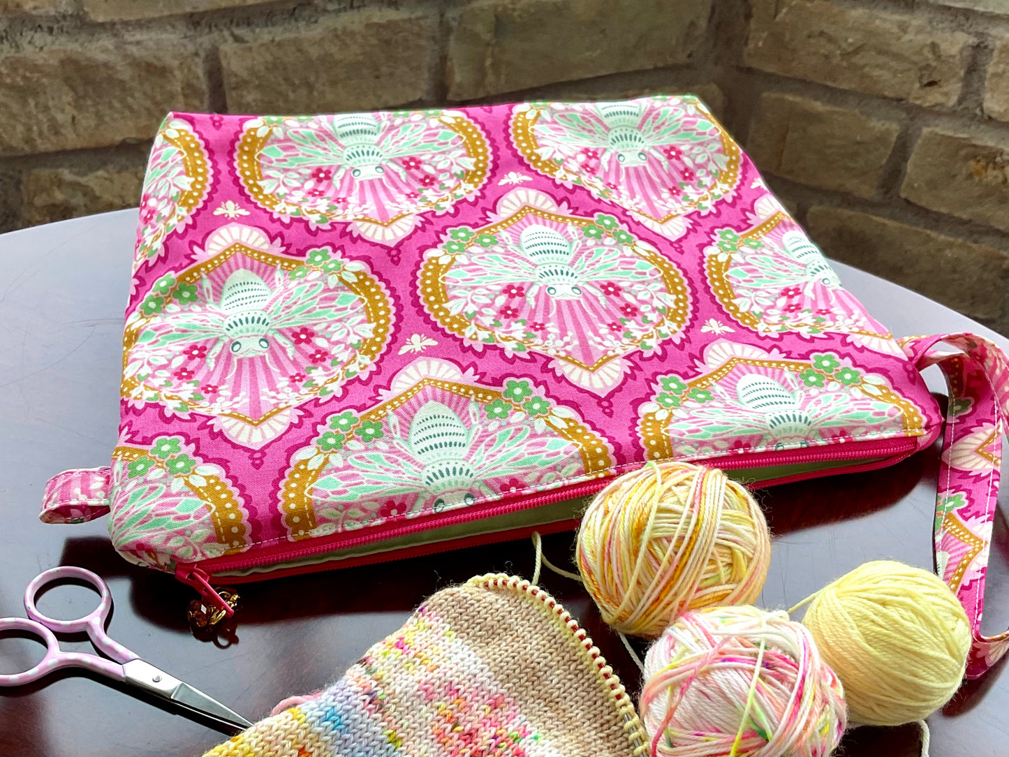 Sock size project bag pink bees